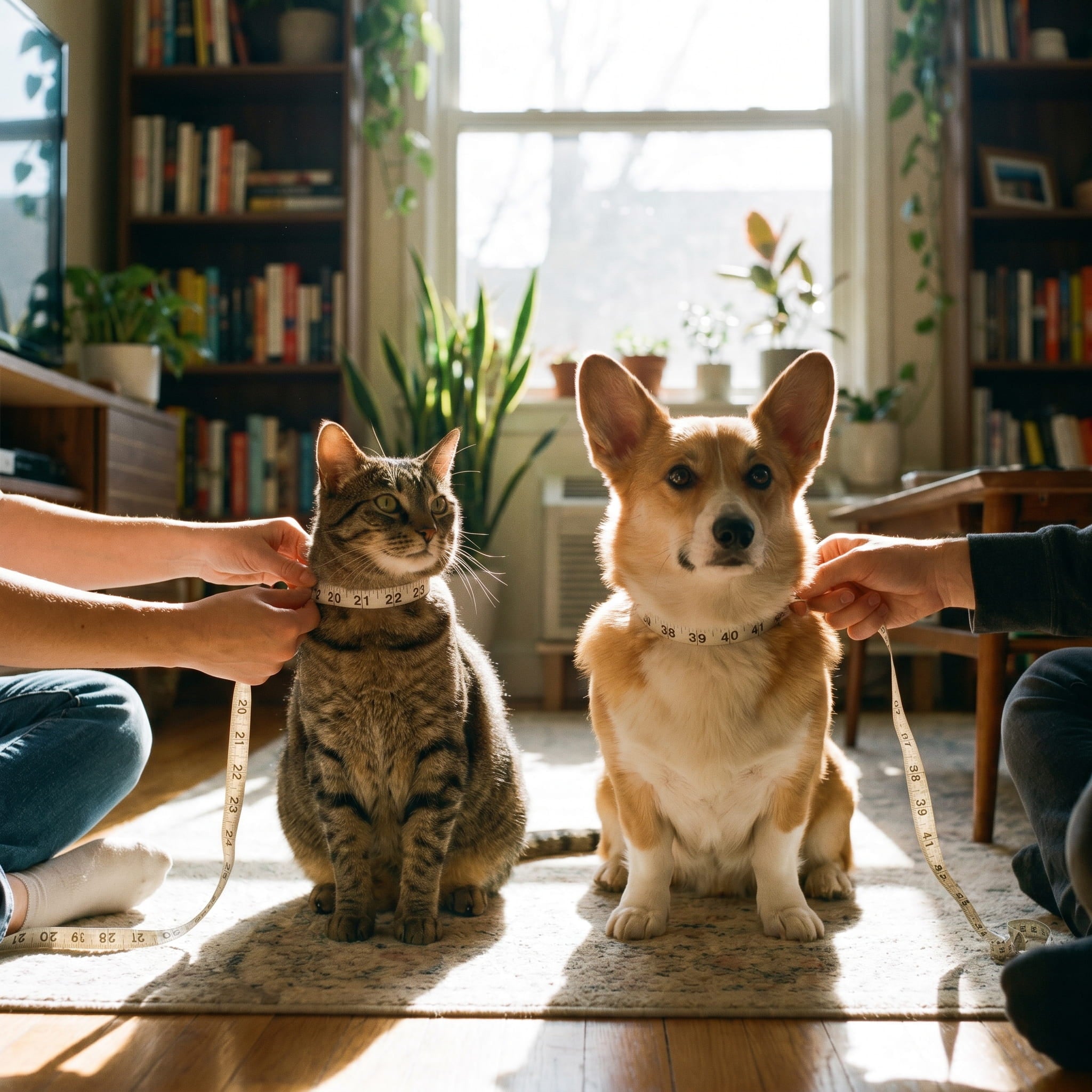 Un corgi et un chat tigré se font mesurer le tour de cou grâce à un mètre ruban. 