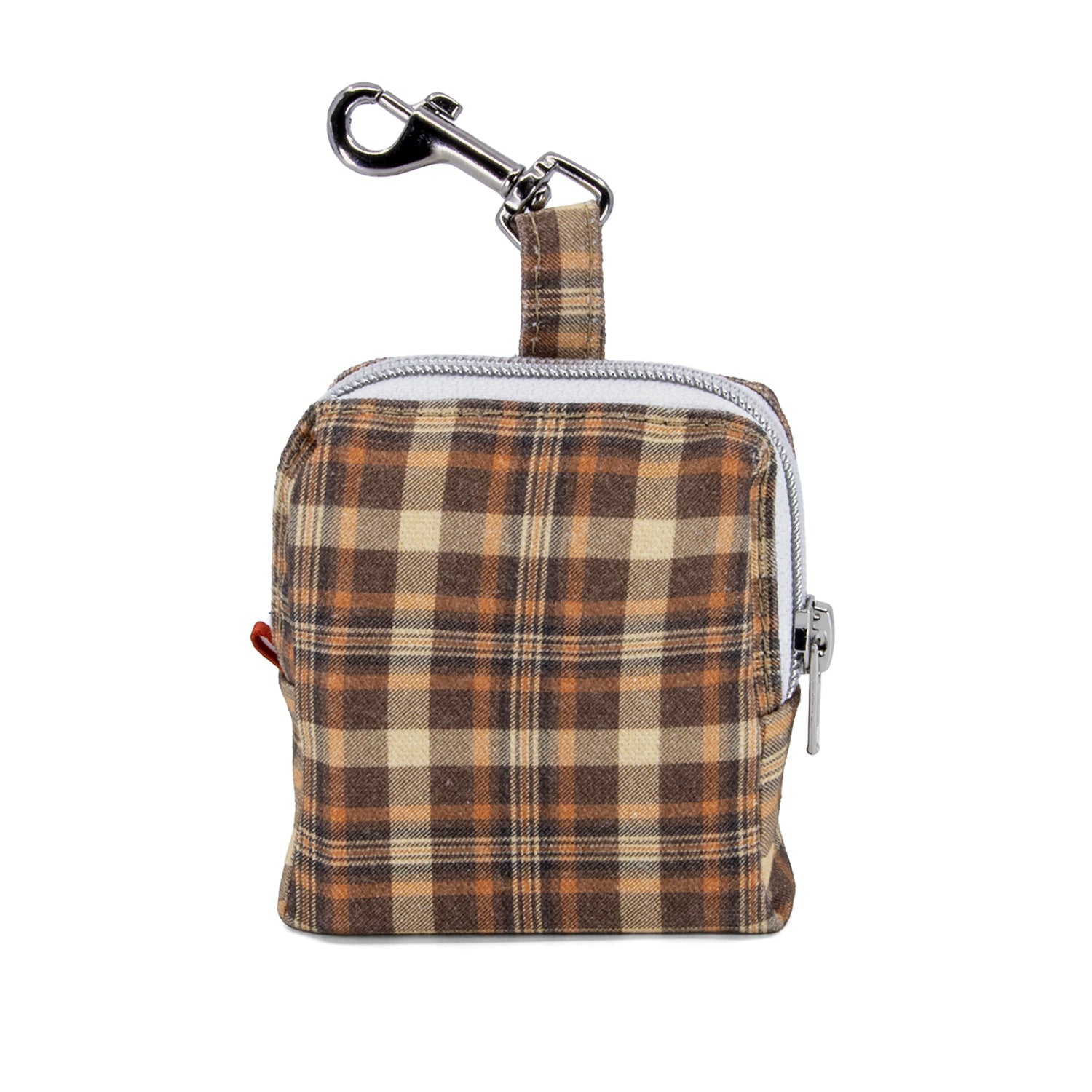 Vue d'ensemble de la mini sacoche Scotty et son motif tartan marron/orange. Equipé d'un zip pour la fermeture et d'un mousqueton pour l'accroche 
