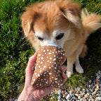 Détail d'un petit chien fouillant avec son museaux dans la mini sacoche Freckles pour chien. Motif tacheté blanc sur fond marron