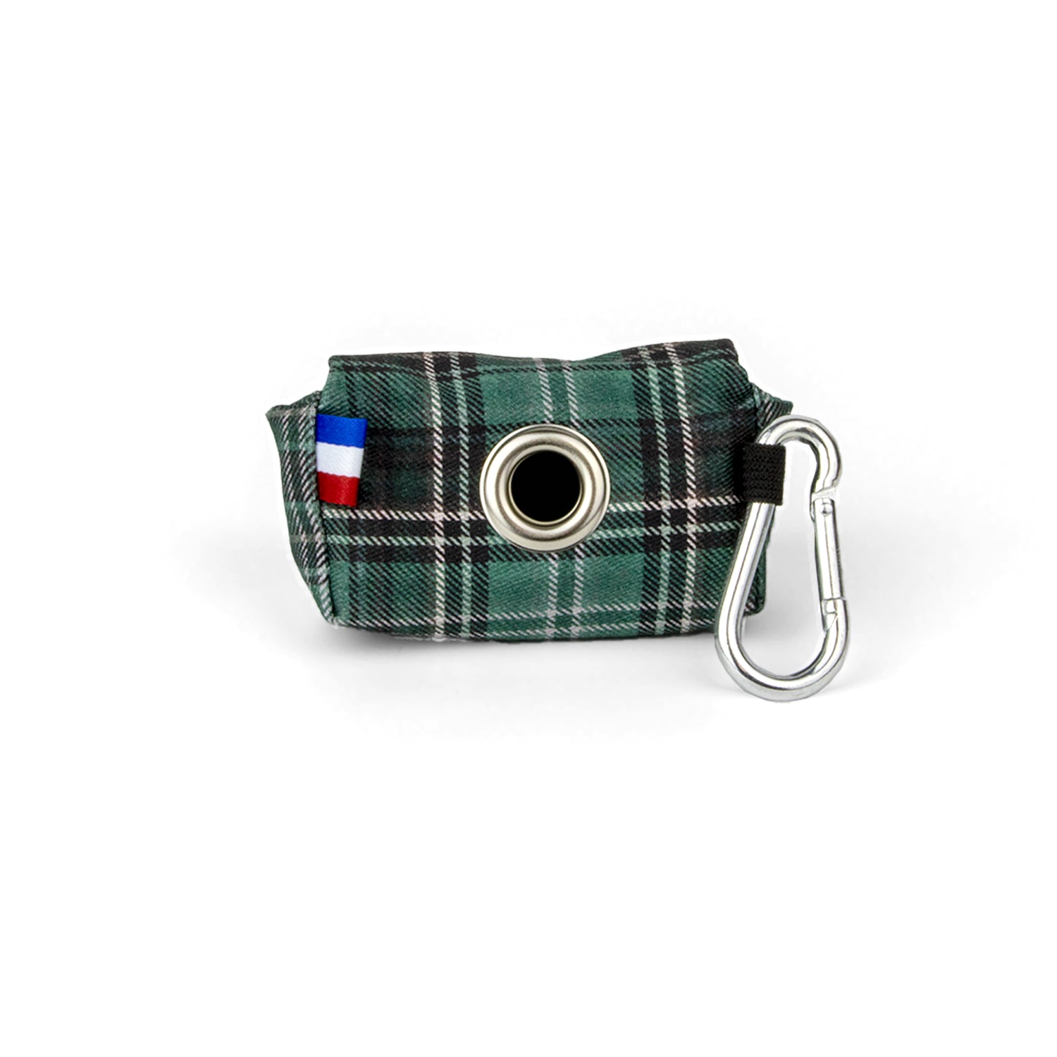 Pochette sac à crottes Nessie de Pawpix. Vue arrière Motif tartan écossais vert avec mousqueton pour accroche sur laisse