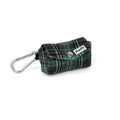 Pochette sac à crottes Nessie de Pawpix. Vue de face. Motif tartan écossais vert avec mousqueton pour accroche sur laisse