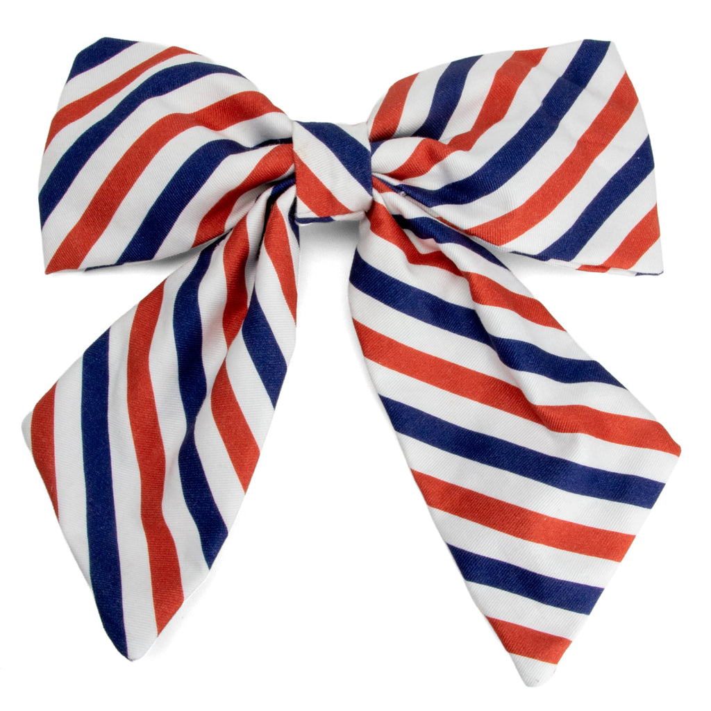 Nœud pour chien Pawtriote et son motif rayé bleu,blanc et route,  facile à attacher à un collier pour chien. 