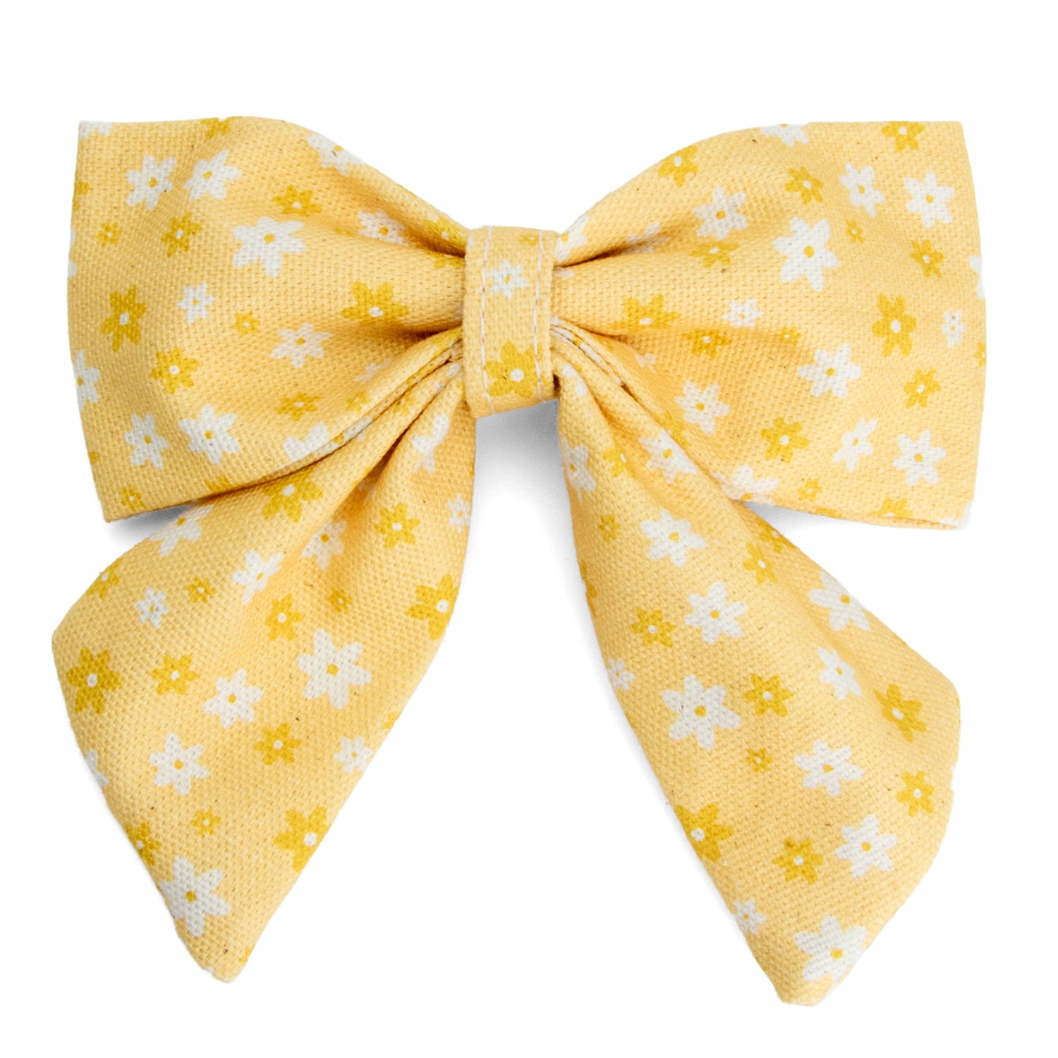 Nœud pour chien Peachy Daisies et son motif marguerites blanches et orange sur fond pêche, facile à attacher à un collier pour chien. 