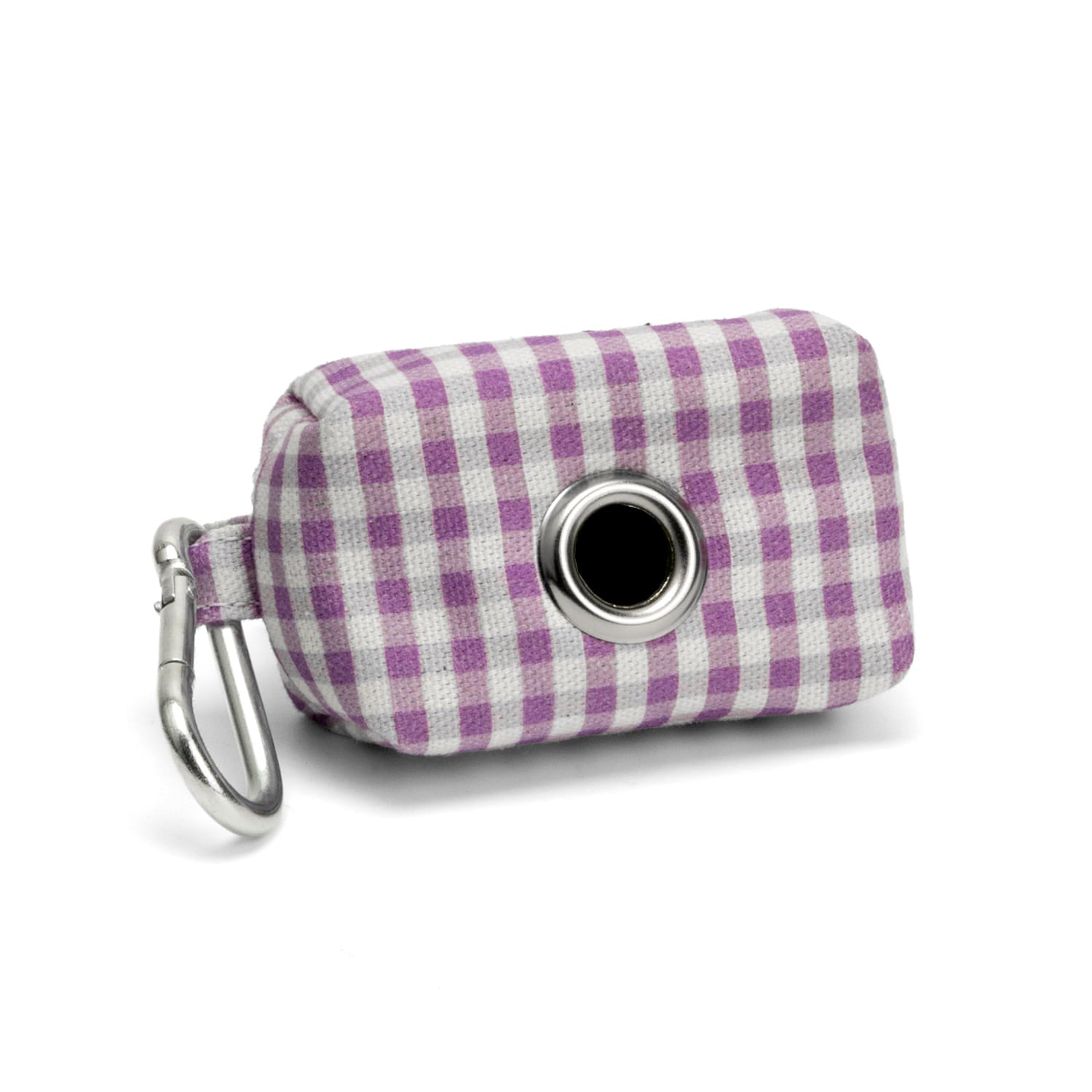 Vue arrière de la pochette sacs à crottes Cigalou. Avec son œillet pour dérouler facilement les sac à crottes et sa boucle clips pour une attache facile. Motif vichy violet clair 