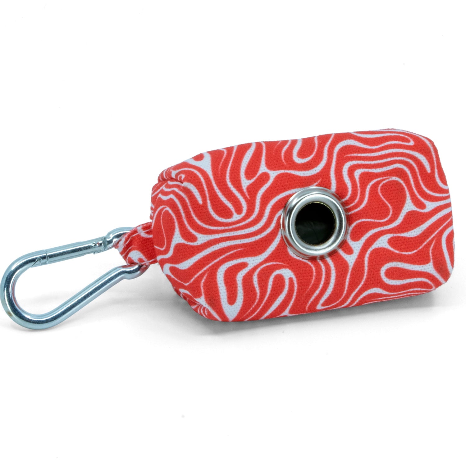 Plan arrière de la pochette sacs à crottes Cherry de Pawpix. Le distributeur possède un oeillet qui permet de faire passer les sacs ainsi qu'un mousqueton pour l'accroche. Motif rouge et blanc wavy