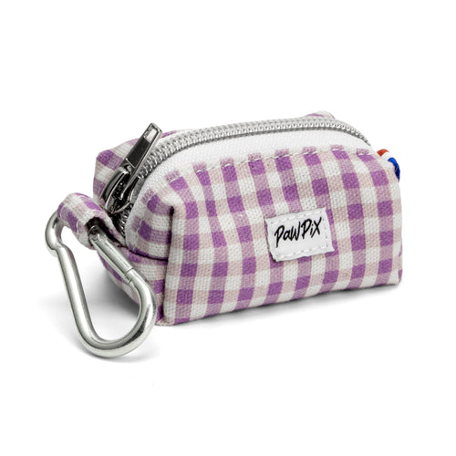 Vue avant de la pochette sacs à crottes Cigalou. Se ferme avec un zip et peut s'accrocher grâce à un anneau clips. Motif vichy violet clair