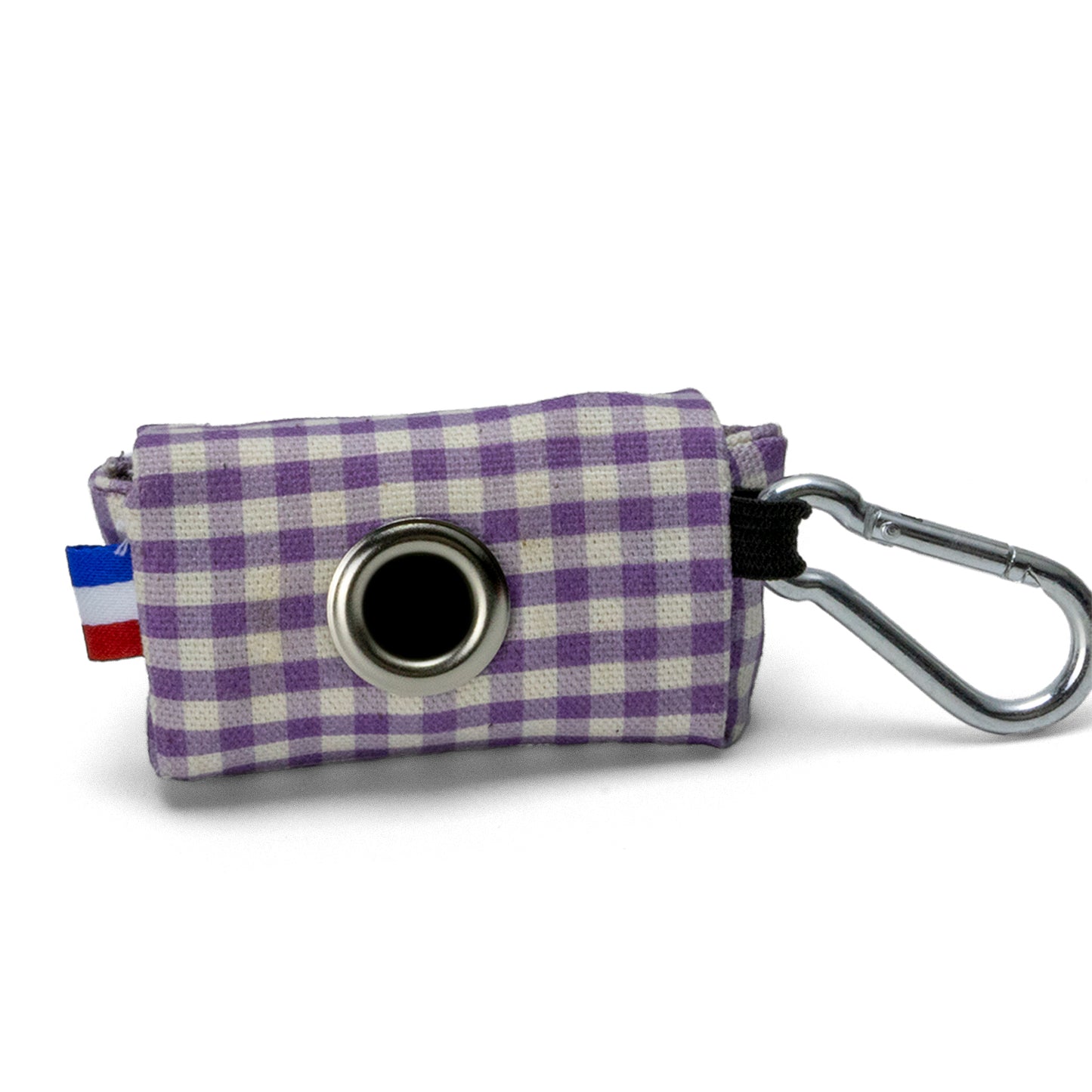 Vue arrière de la pochette sacs à crottes Cigalou. Avec son œillet pour dérouler facilement les sac à crottes et sa boucle clips pour une attache facile. Motif vichy violet clair 