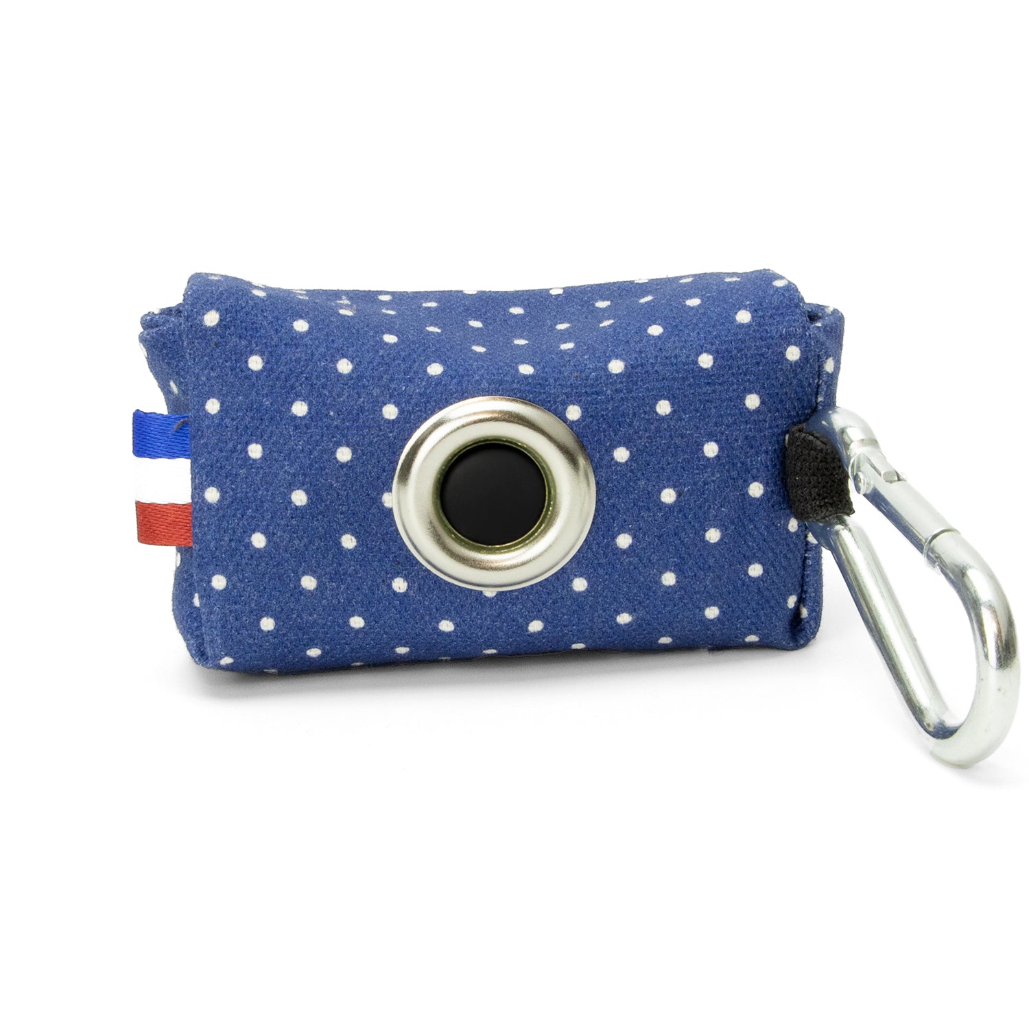 Pochette sac à crottes Polaris avec son fond bleu marine et ses pois blancs. Comprends un mousqueton pour pouvoir accrocher à la laisse