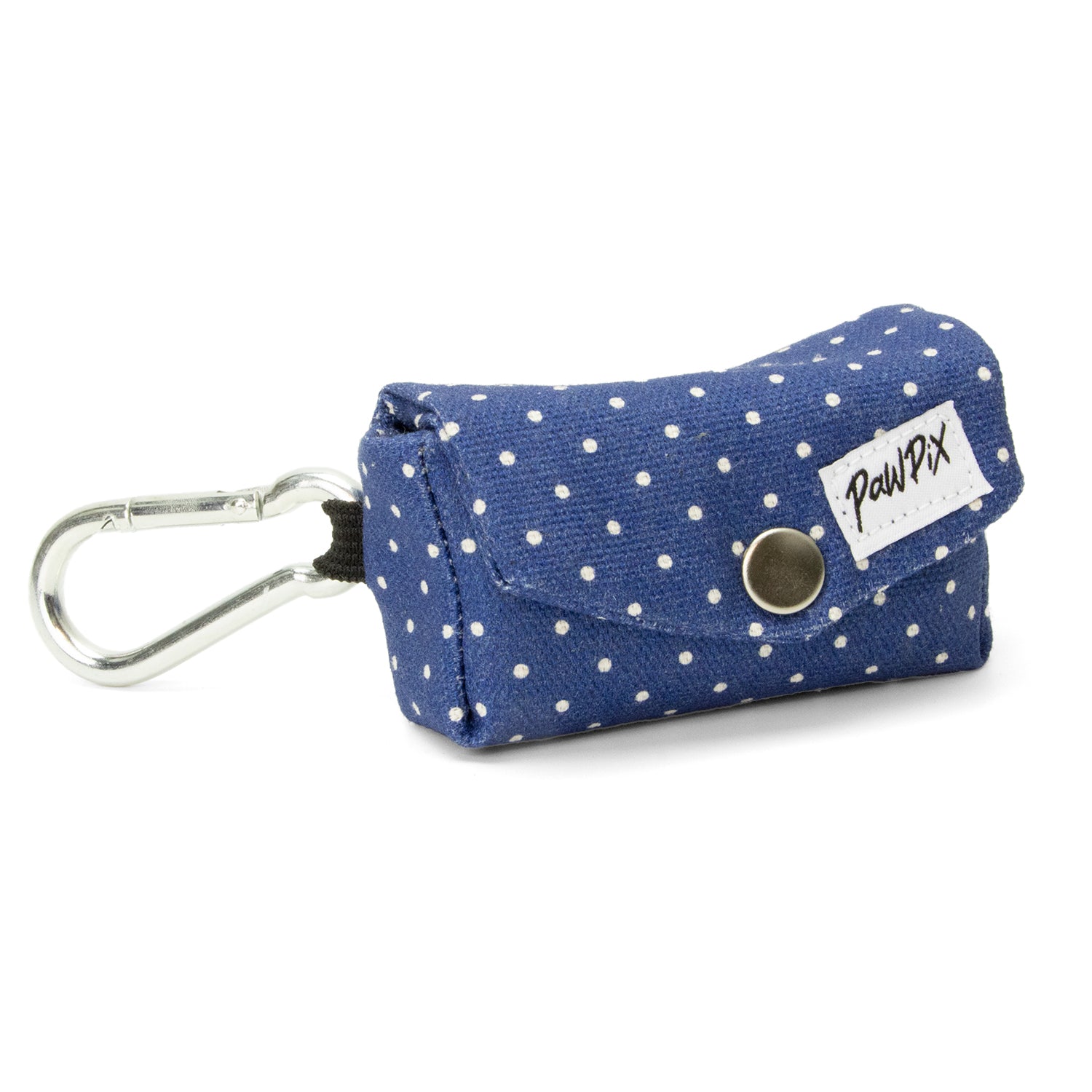 Pochette sac à crottes Polaris avec son fond bleu marine et ses pois blancs. Comprends un mousqueton pour pouvoir accrocher à la laisse