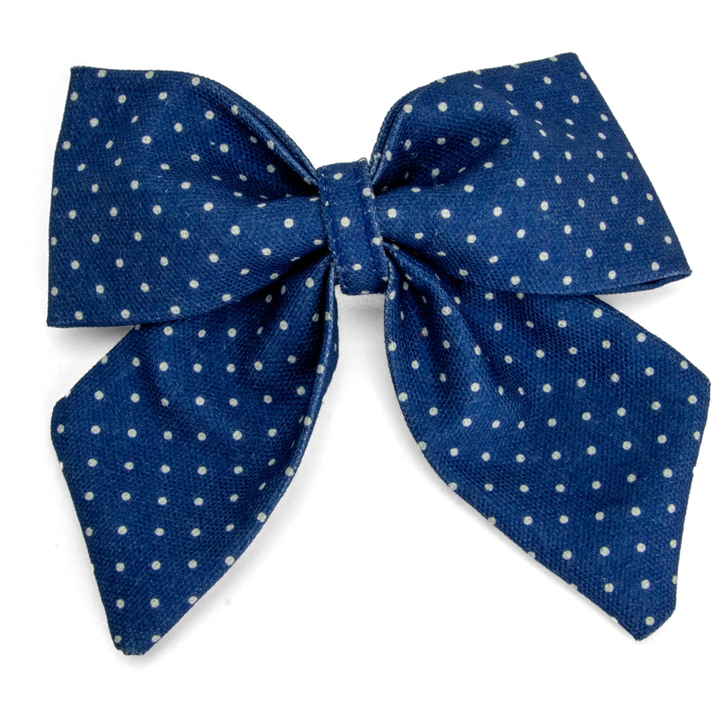 Nœud pour chien Polaris et son motif polka dots (pois) blanc sur fond bleu, facile à attacher à un collier pour chien. 