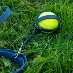 Porte balle bleu Navy avec une balle de tennis, attaché à une laisse et posé dans l'herbe