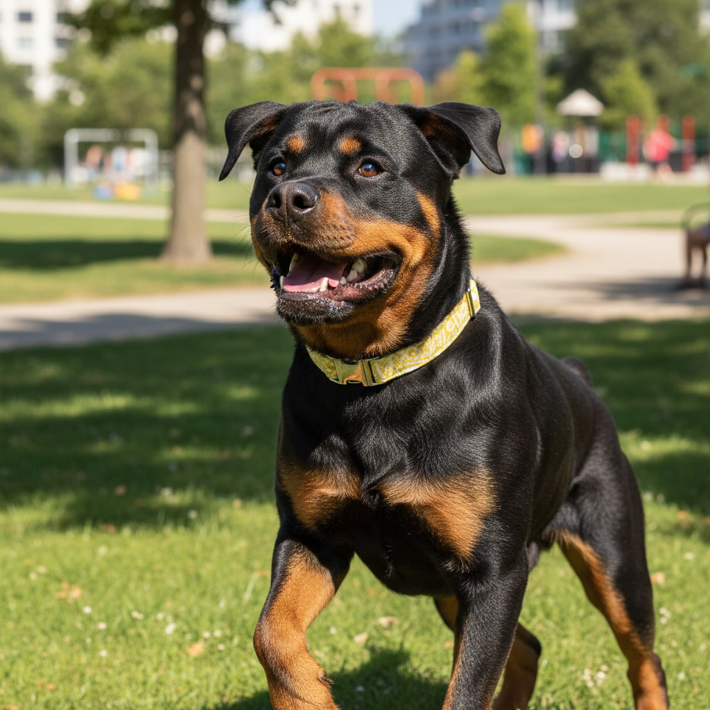 Rottweiler portant le collier pour chien Seaside de Pawpix. Motif marin abstrait blanc sur fond jaune avec des boucles couleur or