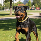 Rottweiler portant le collier pour chien Seaside de Pawpix. Motif marin abstrait blanc sur fond jaune avec des boucles couleur or