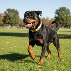 Rottweiler portant le collier pour chien Peachy Daisies de Pawpix. Motif marguerites blanches et oranges avec des boucles couleur or