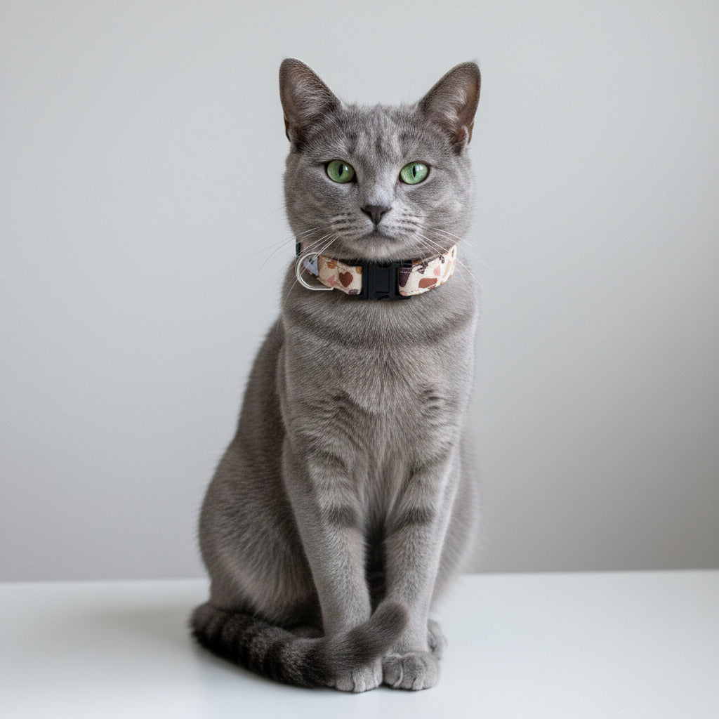 Chat Bleu de Russie portant le collier pour chat Pawpino de Pawpix. Motif  terrazzo rose et marron avec des boucles anti-étranglement