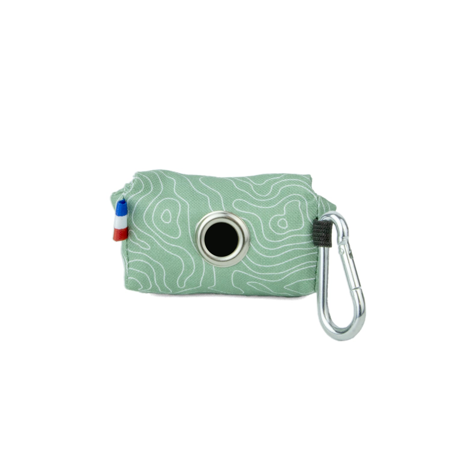 Pochette sac à crottes Topo de Pawpix. Vue arrière. Motif Topographique avec mousqueton pour accroche sur laisse. Le motif Topo reprend le design géométrique abstrait des cartes de montagnes, avec des lignes blanches sur un fond vert
