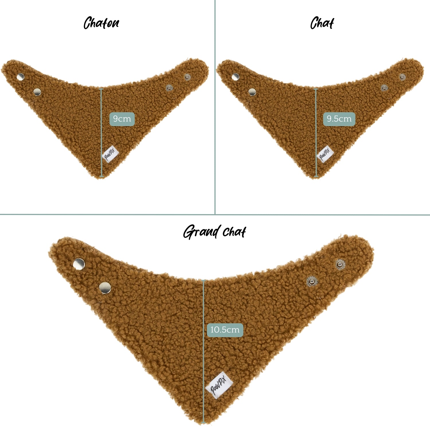 Différentes tailles du triangle  du bandana Teddy allant de 9cm pour le chaton à 10.5cm pour les grands chats