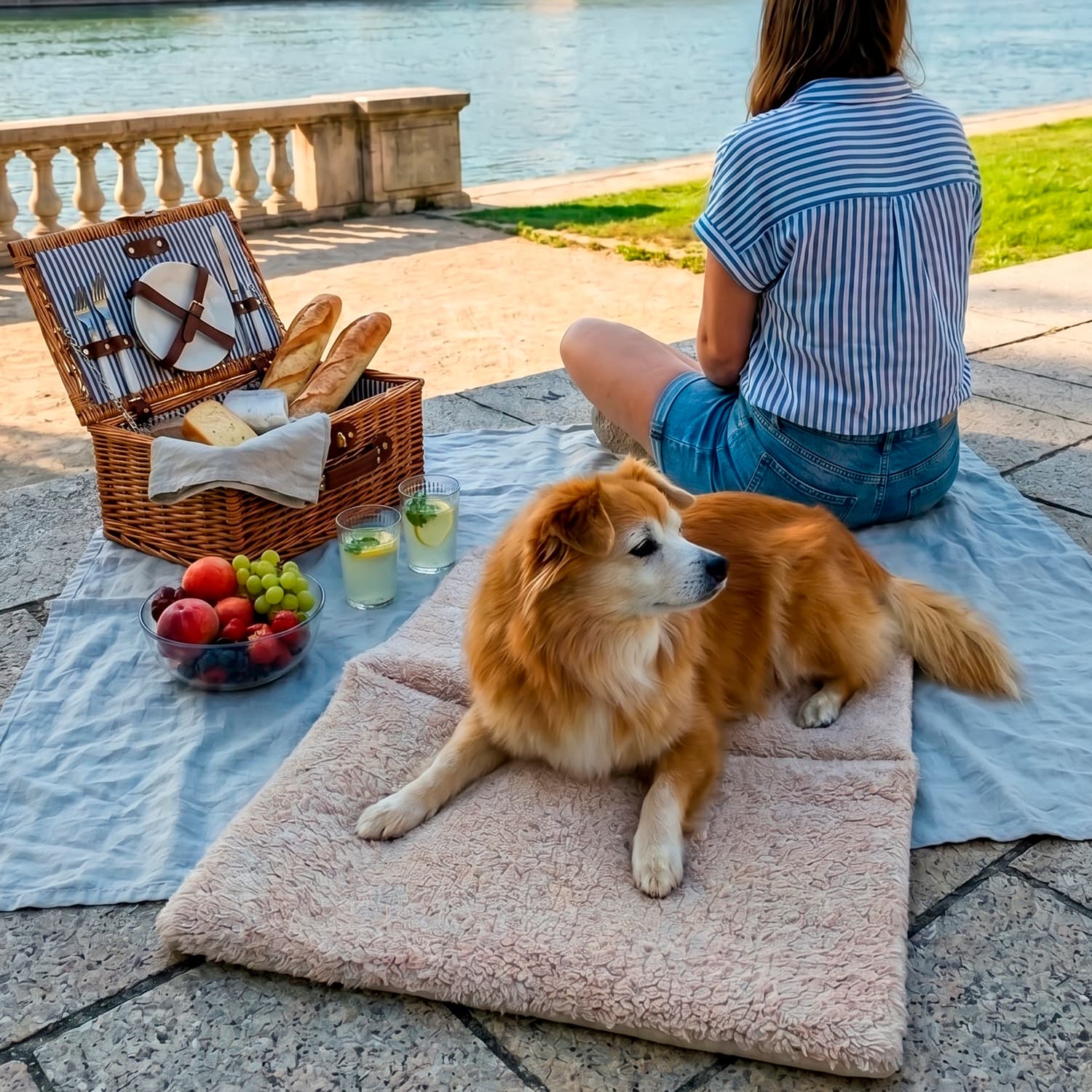 Chien allongé sur le tapis de voyage Cuddles de Pawpix pour chiens et chats. Le tapis est posé sur le sol à coté d'une nappe de pique nique