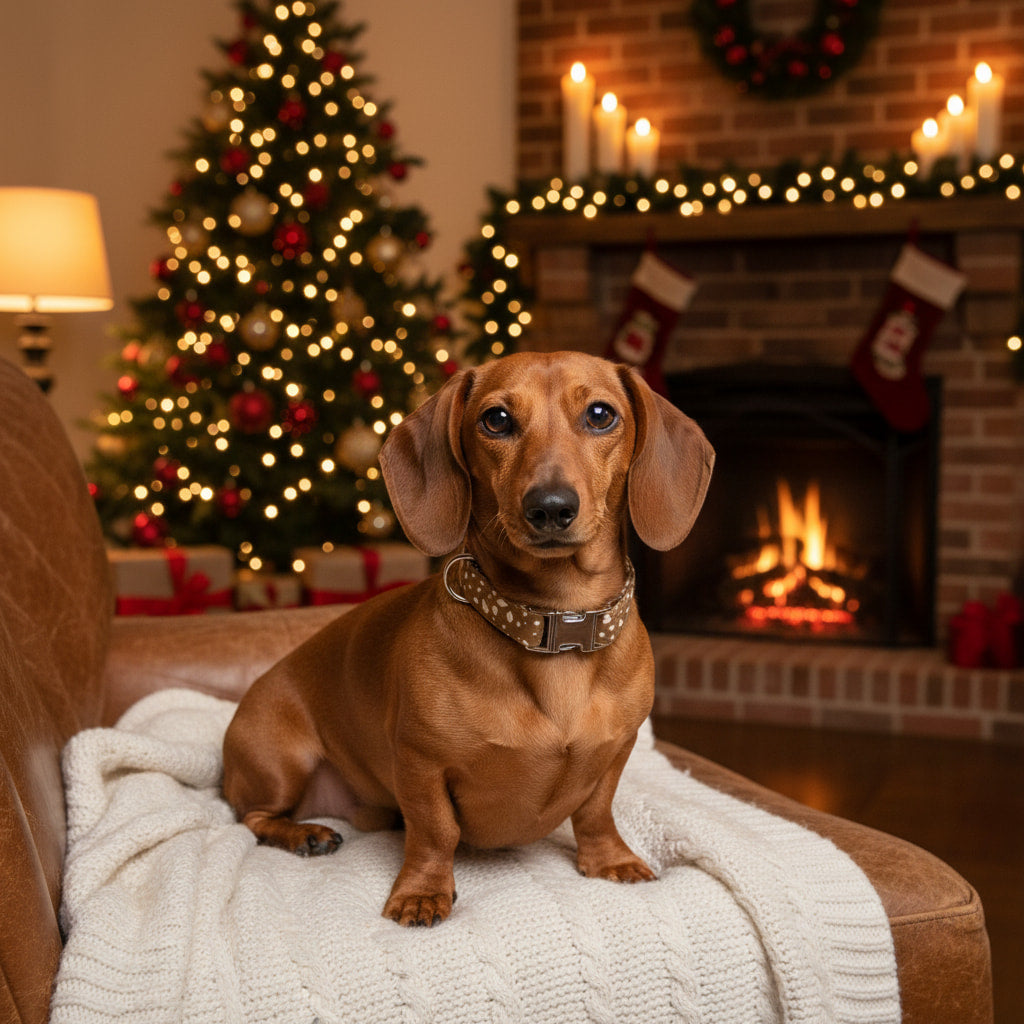 Teckel marron avec le collier pour chien Freckles de Pawpix et son motif tacheté blanc marron, dans une ambiance de Noël