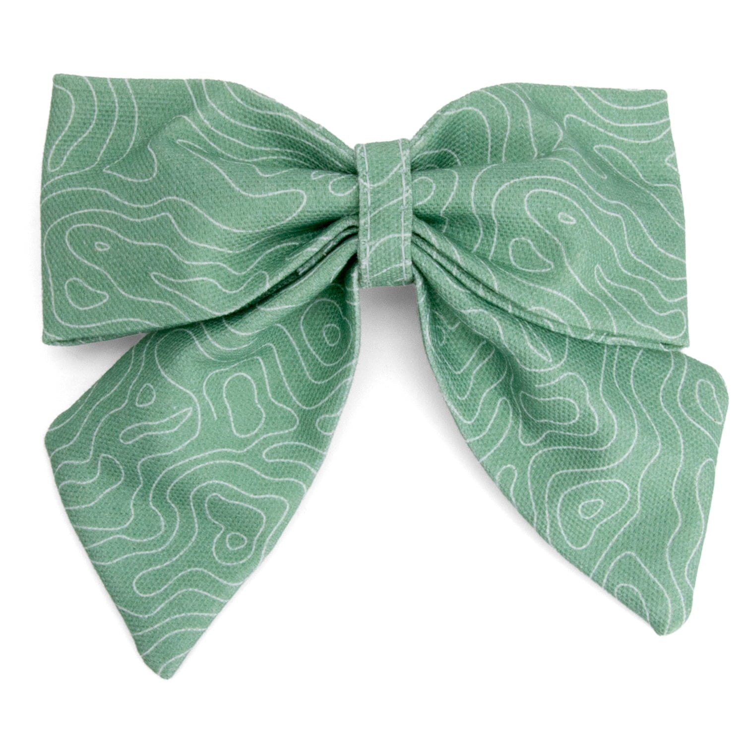 Nœud pour chien Topo et son motif topographique de la nature blanc sur fond vert, facile à attacher à un collier pour chien. 