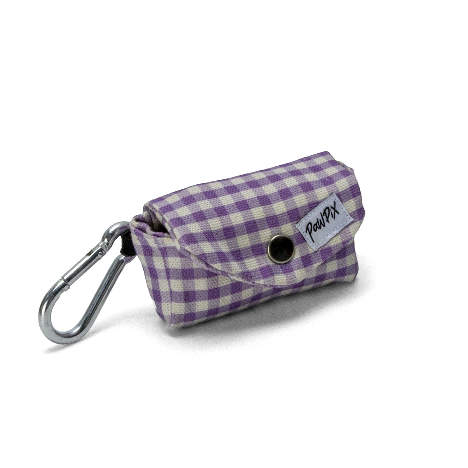Vue avant de la pochette sacs à crottes Cigalou. Se ferme avec un bouton pression et peut s'accrocher grâce à un anneau clips. Motif vichy violet clair