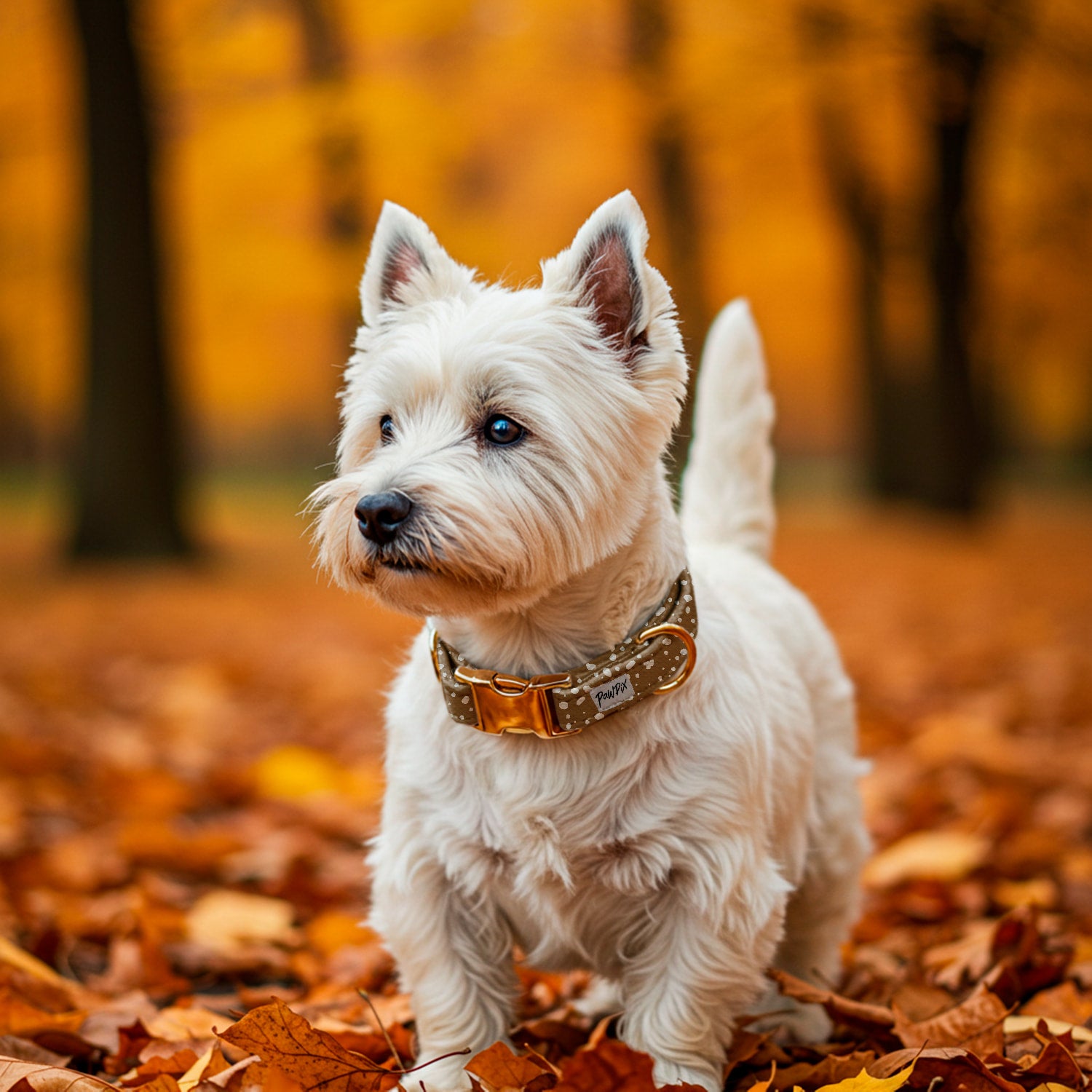 Chien Westie blanc portant le collier pour chien Freckles Pawpix. Motif marron tacheté blanc avec boucles couleur or. Le chien se tient debout sur un chemin de foret en automne