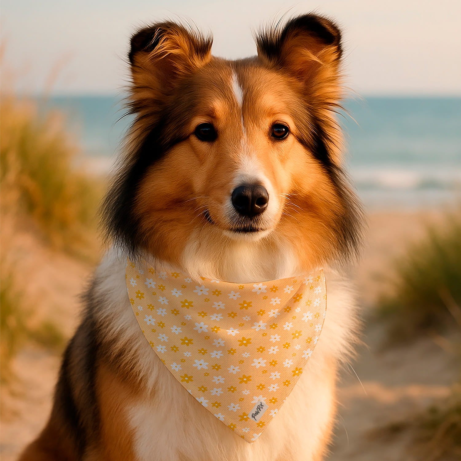 Chien type Berger shetland avec le bandana Peachy Daisies autour du cou. Le motif représente des marguerites jaunes et blanches sur un fond couleur pêche. Le chien se trouve au bord de la mer. 