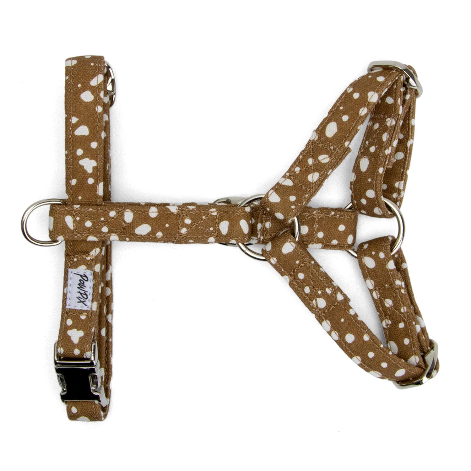 Harnais en Y pour chat Freckles. Motif marron tacheté blanc. Le harnais possède des boucles couleur argent de réglages pour un meilleur confort pour le chat.