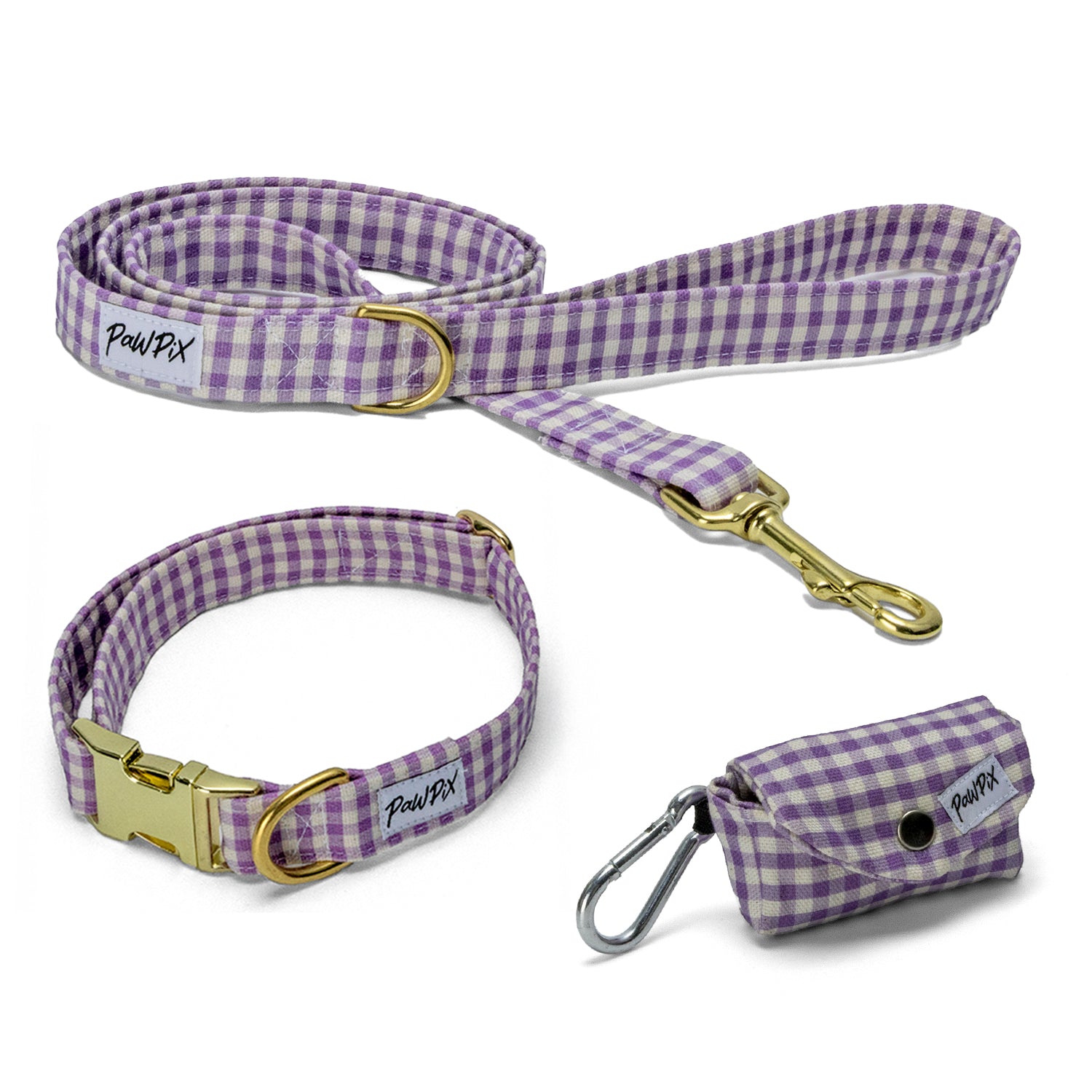 Le kit collier Cigalou comprends : un collier, une laisse et une pochette sacs à crottes, le tout Motif vichy violet clair