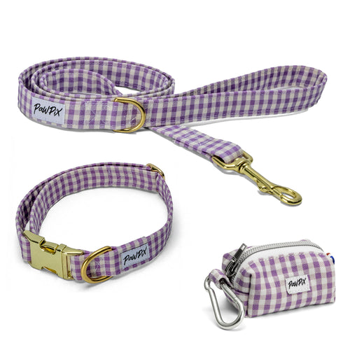 Le kit collier Cigalou comprends : un collier, une laisse et une pochette sacs à crottes, le tout Motif vichy violet clair